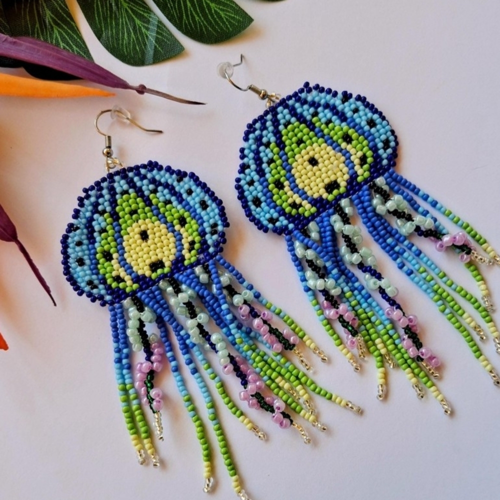 Handcrafted Beaded Earrings in Blue and Green